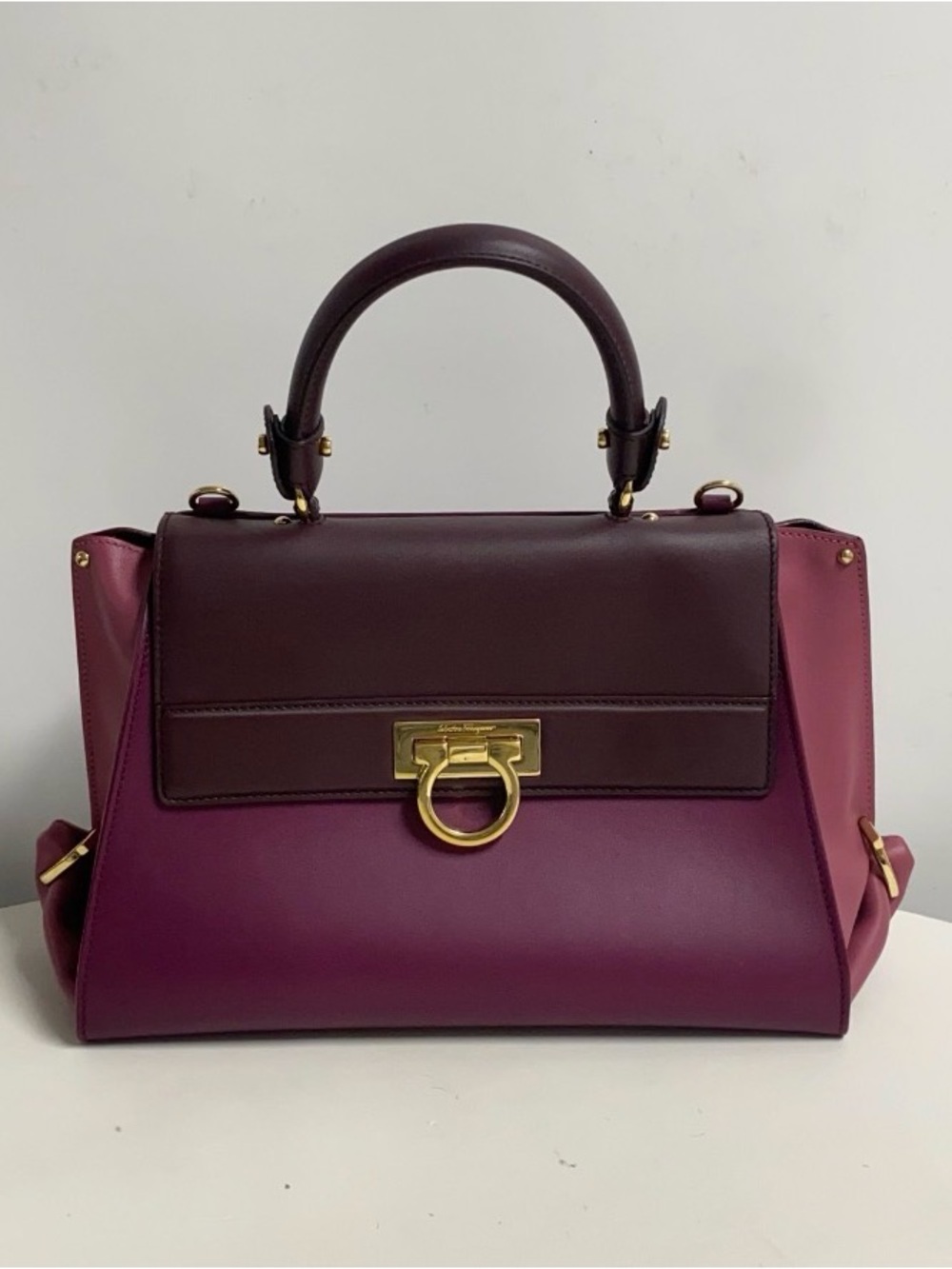 Salvatore Ferragamo Sofia Leather Satchel Handbag Purple Burgundy Gancini